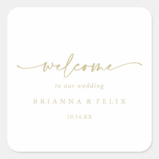 Sticker Carré Calligraphie Moderne Elegant Mariage Or Bienvenue