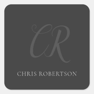 Sticker Carré Calligraphie Monogramme Nom Black Grey Cadeau pers