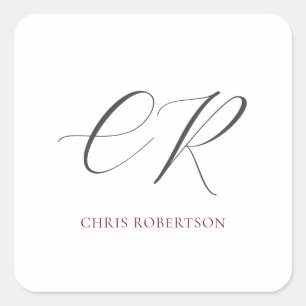 Sticker Carré Calligraphie Monogramme Nom Black White Cadeau per