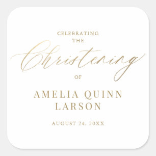 Sticker Carré Calligraphie Or Simple Elegant Script Christening