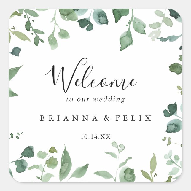 Sticker Carré Calligraphie Script Green Foliage Mariage Bienvenu (Devant)