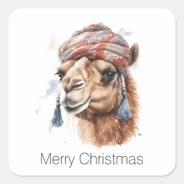 Sticker Carré Camel de Noël, personnalisable (Devant)