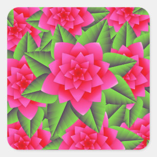 Sticker Carré Camellias roses de Fuschia et Feuilles verts