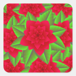 Sticker Carré Camellias rouge foncé et Feuilles verts