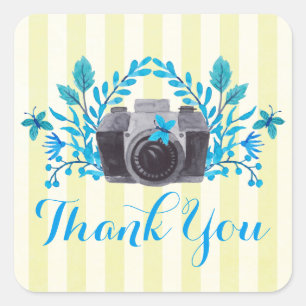 Sticker Carré Caméra Avec Feuilles Bleus Et Papillons Merci