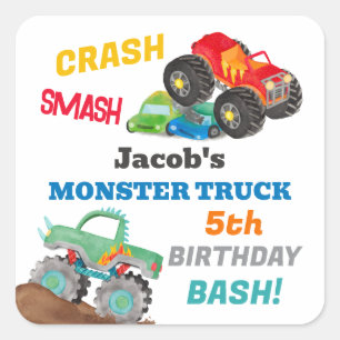 Sticker Carré Camion Crash Smash Monster Anniversaire Bash