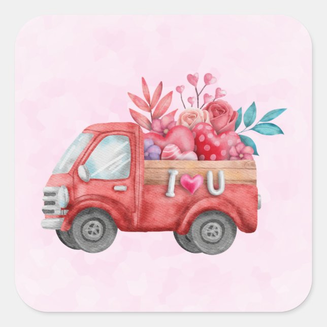 Sticker Carré Camion d'Amour Rouge avec aquarelle Coeur Cargo (Devant)