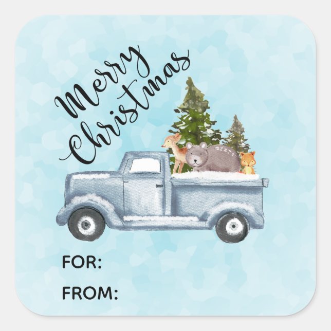 Sticker Carré Camion de Noël avec de mignons animaux (Devant)