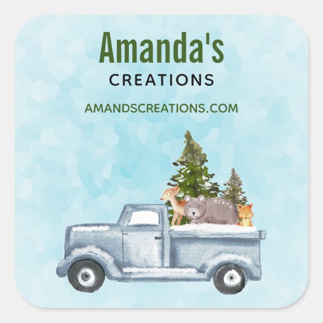 Sticker Carré Camion de Noël avec de mignons animaux d'affaires (Devant)