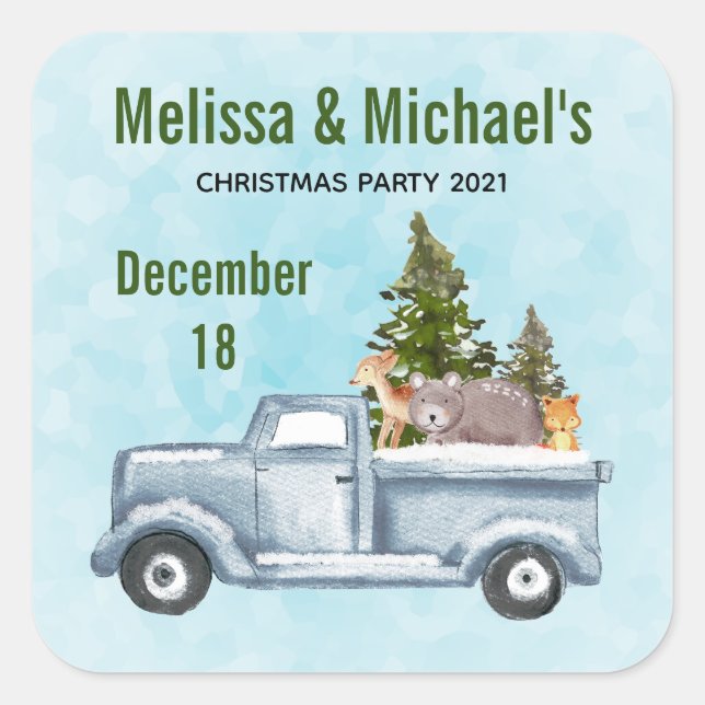 Sticker Carré Camion de Noël avec de mignons animaux Économisez  (Devant)