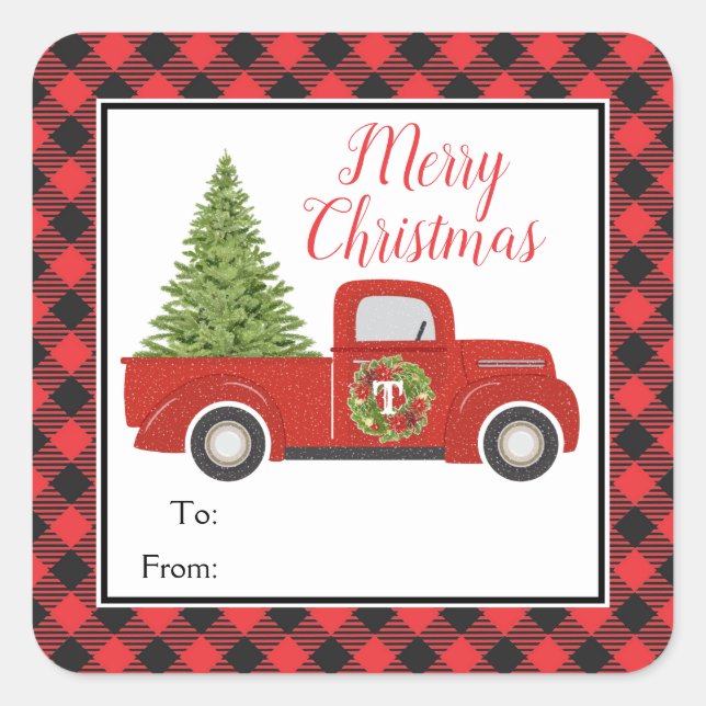 Sticker Carré Camion de Noël rouge à carreaux de Buffalo Cadeau  (Devant)