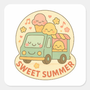 Sticker Carré Camion Kawaii Crème de glace Camion Sweet Summer S