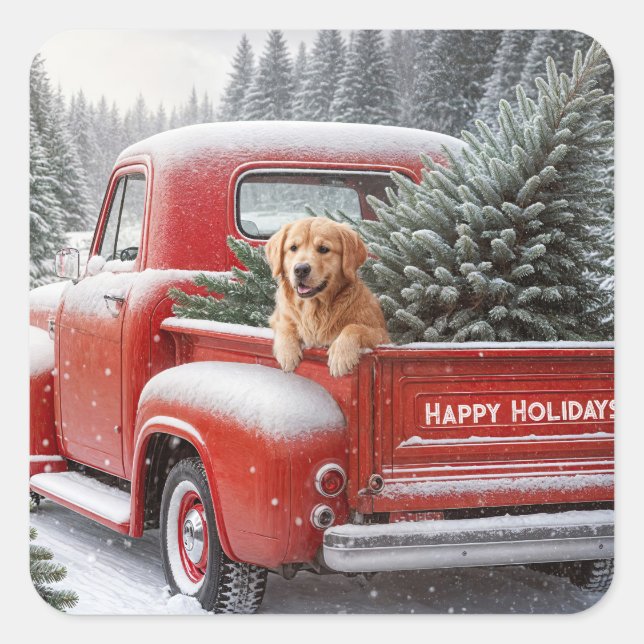 Sticker Carré Camion Rouge de Noël avec Golden Retriever (Devant)