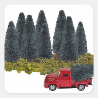 Sticker Carré Camion vintage avec sapin de Noël