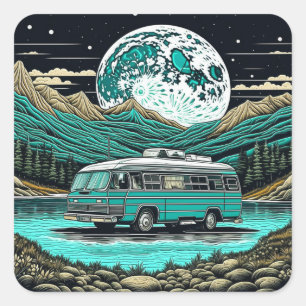 Sticker Carré Camper turquoise Vintage RV dans les montagnes Ret
