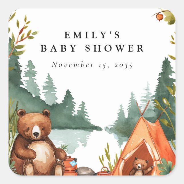Sticker Carré Camping Mountain Baby shower rustique (Devant)