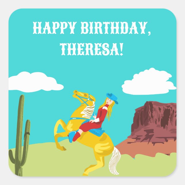 Sticker Carré Campy Western Cowgirl on Horse Custom Anniversaire (Devant)