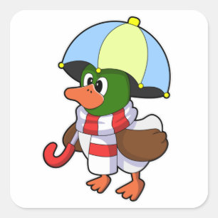 Sticker Carré Canard à la pluie avec parapluie