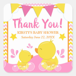 Sticker Carré Canard en caoutchouc jaune et rose Baby Shower poi