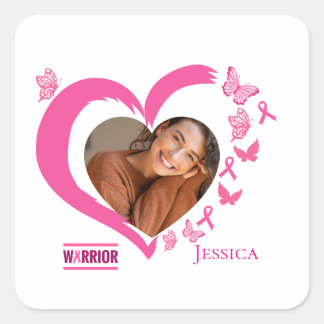 Sticker Carré Cancer du sein moderne Personnalisé Coeur Nom phot