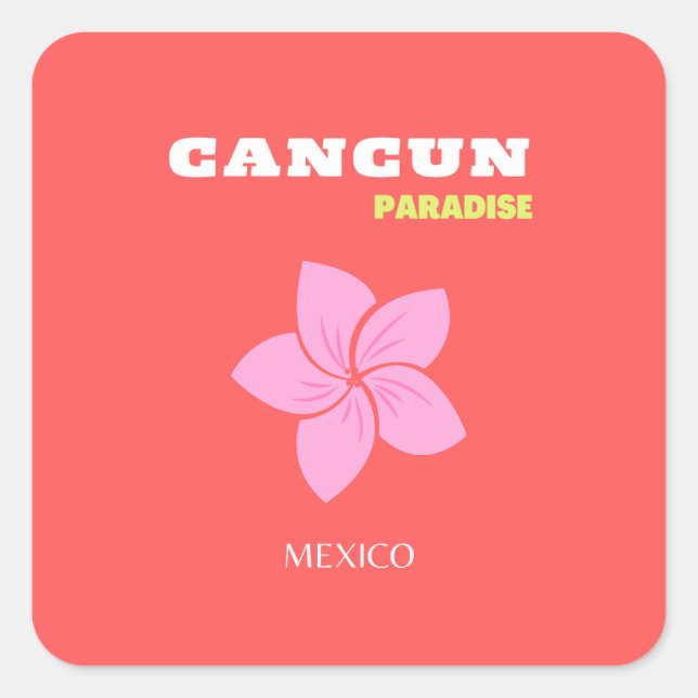 Sticker Carré Cancun, Cancun Travel Art, Preppy, Rose, Rouge (Devant)