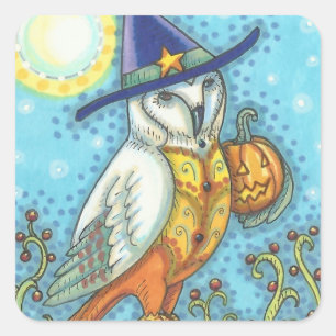 STICKER CARRÉ CANDY CORN BARN OWL FOLK ART, OISEAU HALLOWEEN