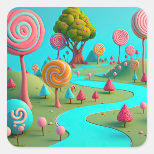 Sticker Carré Candy Lane Lollipop Arbres Gomme Drop Forêt coloré