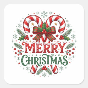 Sticker Carré Canne de bonbon Joyeux Noël