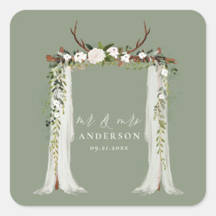 Sticker Carré Canopy mariage botanique rustique m et mrs script