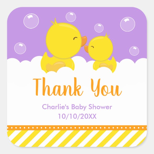 Sticker Carré Caoutchouc Baby shower jaune violet Merci (Devant)