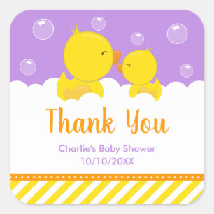 Sticker Carré Caoutchouc Baby shower jaune violet Merci