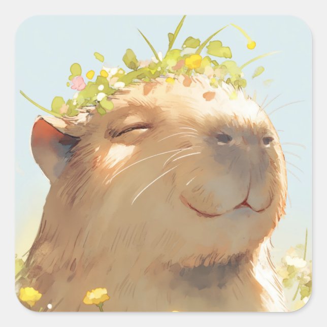 Sticker Carré Capybara d'alimentation des fleurs (Devant)