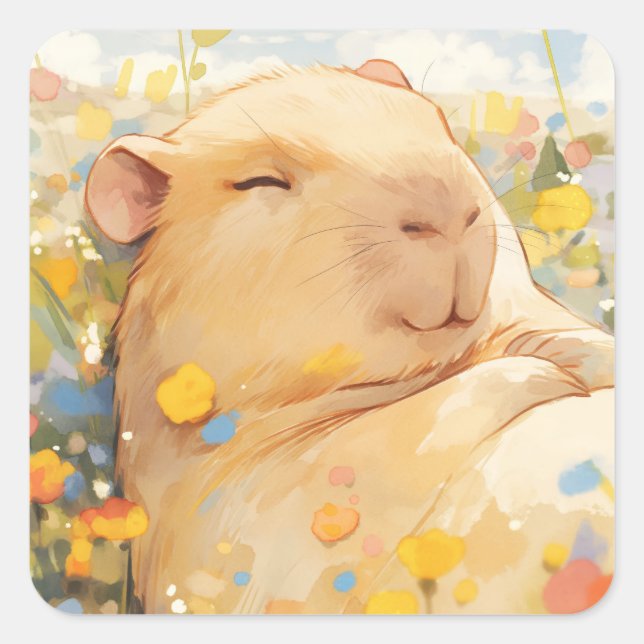 Sticker Carré Capybara se reposant dans des pâturages paisibles (Devant)