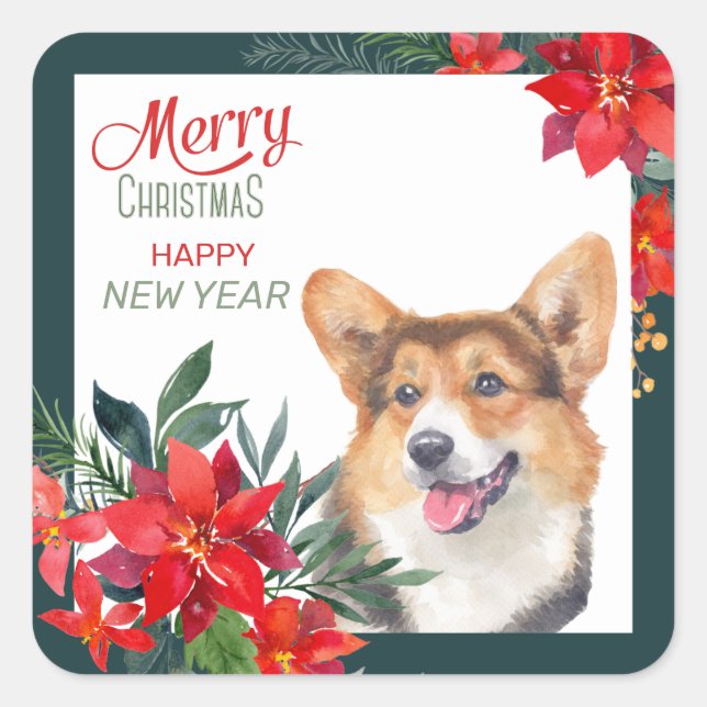 Sticker Carré Cardigan Welsh Corgi Poinsettia Bouquet Noël (Devant)