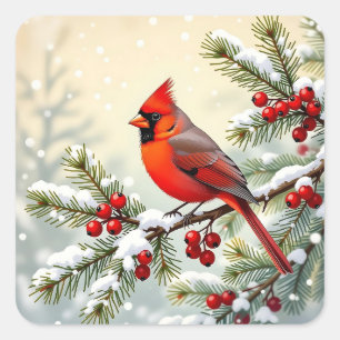 Sticker Carré Cardinal de Noël sur branche de pin enneigée 