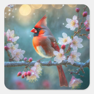 Sticker Carré Cardinal masculin en fleurs de cerisiers au clair 