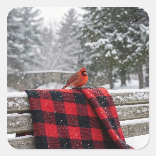 Sticker Carré Cardinal On a Snowy Plaid Blanket (Devant)