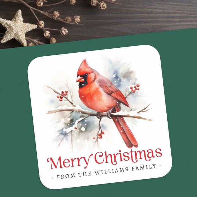 Sticker Carré Cardinal rouge sur la branche d'hiver Joyeux Noël (Red cardinal on winter branch Merry Christmas Square Sticker)