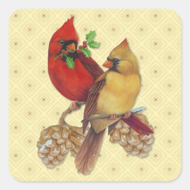 Sticker Carré Cardinaux d'hiver Pine et Holly (Devant)