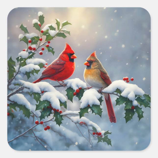 Sticker Carré Cardinaux rouges et Holly en neige (Devant)