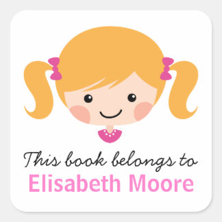 Sticker Carré Caricature blonde mignonne fille bibliothèque pers