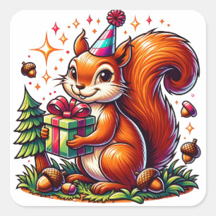 Sticker Carré Caricature d'Anniversaire d'écureuil mignon