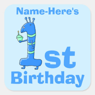 Sticker Carré Caricature de 1er anniversaire, en bleu. Nom perso