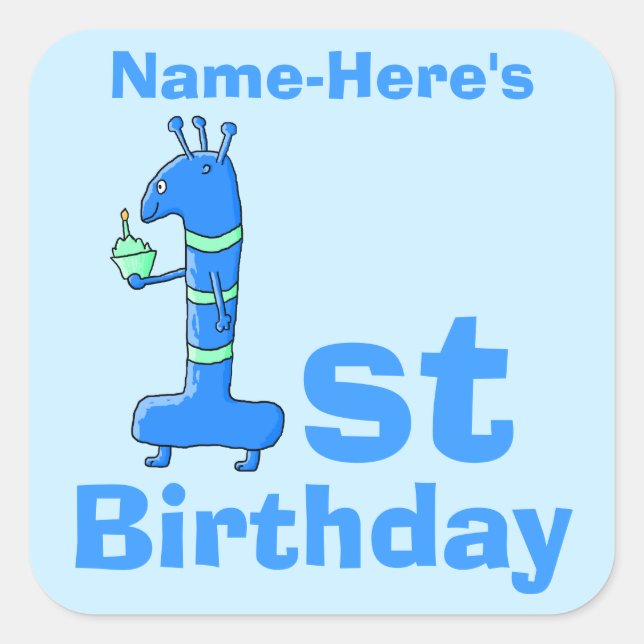 Sticker Carré Caricature de 1er anniversaire, en bleu. Nom perso (Devant)