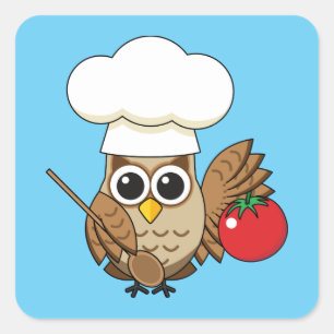 Sticker Carré Caricature de Chouette à Cuisine mignonne