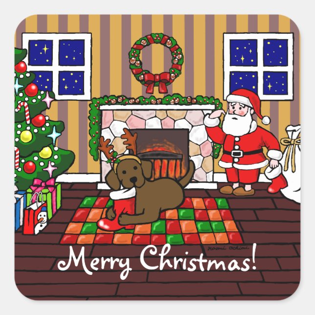 Sticker Carré Caricature de Noël au chocolat Labrador et Père No (Devant)