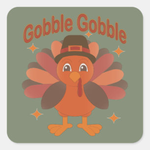 Sticker Carré Caricature de Turquie Thanksgiving - "Gobble Gobbl