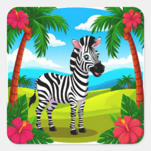 Sticker Carré Caricature joyeuse Zebra dans un paysage tropical