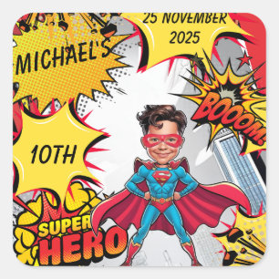 Sticker Carré Caricature vibrante du super-héros rouge et jaune