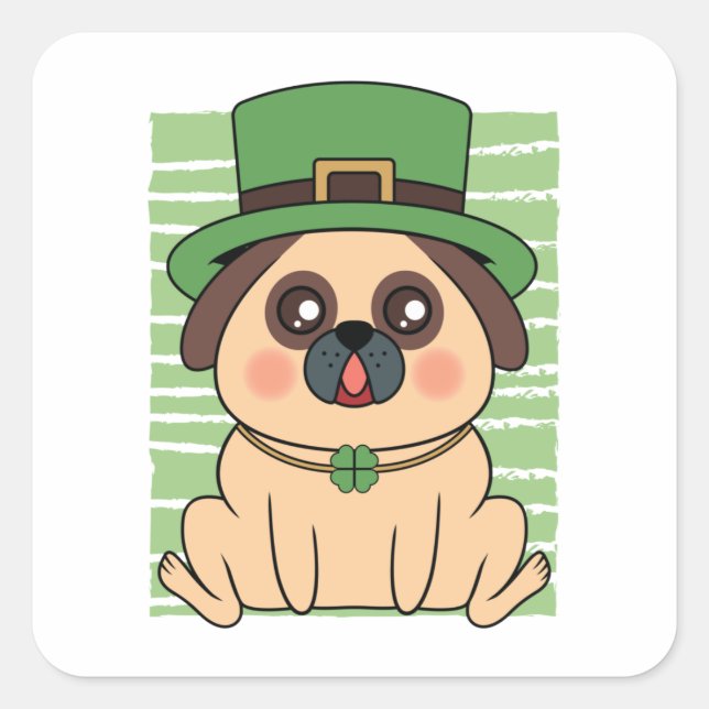 Sticker Carré Carlin de la Saint Patrick Chien Lucky Shamrock (Devant)